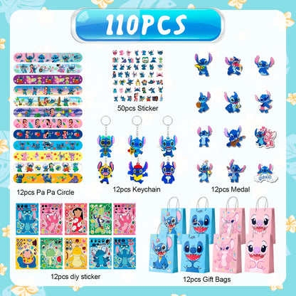 Stitch Birthday Party Favors,110 Pcs Stitchs Party Favors Set-Stitch Favor Bags,Keychains Slap Bracelets etc Stitch Themed Party