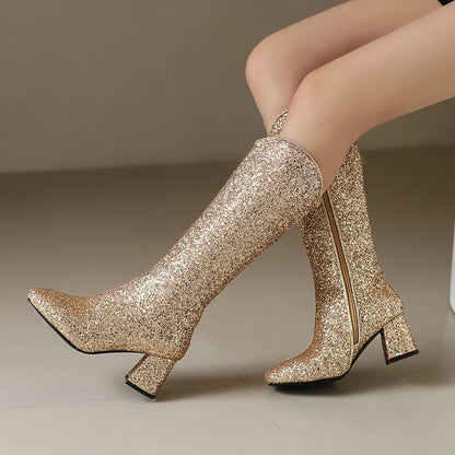 Bottes Hautes Scintillantes pour Femme, Ajustement Confortable, Talons 6,5 cm, Hiver 2024
