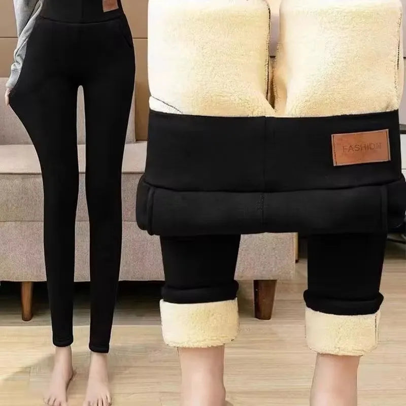 Leggings d'hiver épais pour femmes, doublés polaire chaude, pantalon thermique simple et tendance, leggings noirs amincissants, taille haute élastique, couleur unie