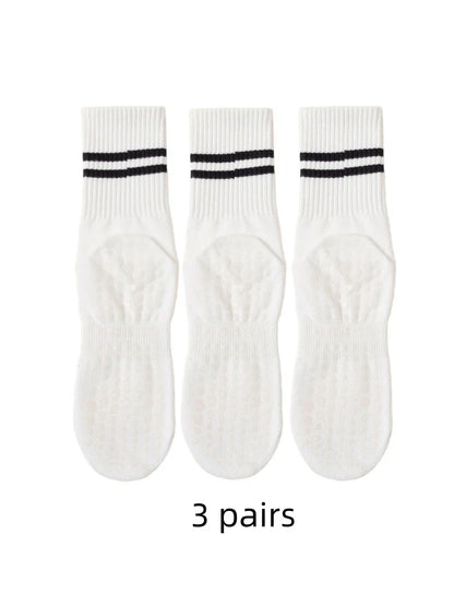 3 paires de chaussettes de yoga, longueur moyenne, en pur coton antidérapant avec silicone pour fitness et Pilates en intérieur, chaussettes de sport en gros pour femmes.