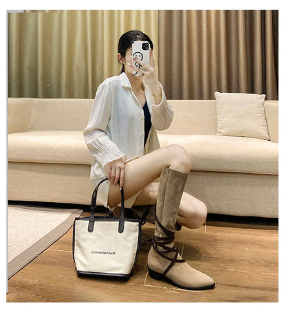 Matte Leather Gothic Western Cowboy Boots Women's Fashion Autumn New Style Pointed Toe Lace-up Retro High Top Flat Heel Boots