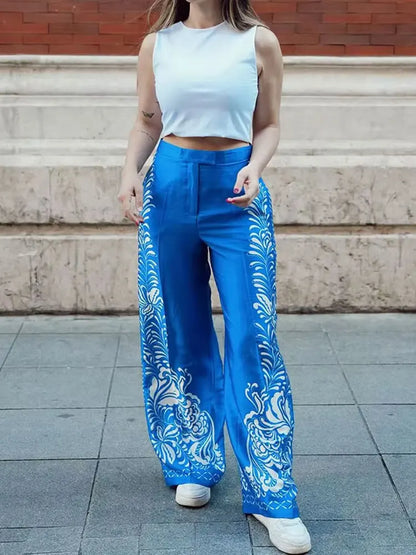 TRAFZA Woman Fashion Spring Wide Leg Pants Blue Print High Waist Pockets Button Zipper Trousers Female Bohemian Style Long Pants