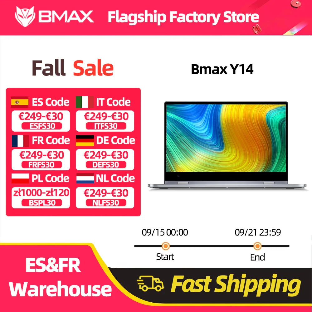BMAX Y14 Laptop 14 inch Notebook Windows 11 16GB RAM LPDDR5 512GB SSD 1920*1080 IPS Intel N100 laptops Computer type-c