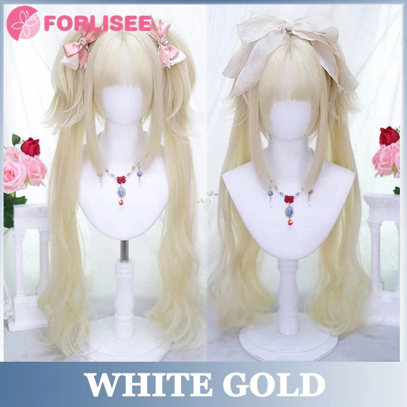 Pink Blonde Highlights Long Wavy Wig Synthetic Colorful Lolita Cosplay Hair Wigs with Bangs for Women Heat Resistant Daily Use