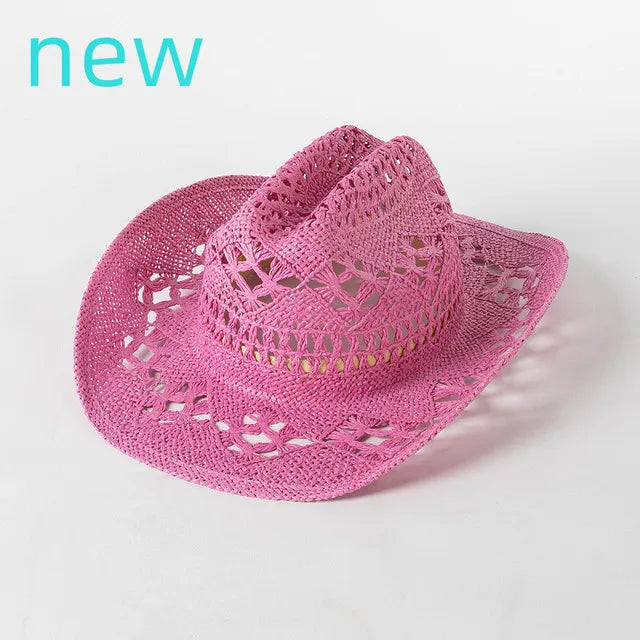 Chapeau de paille de cowboy vert matcha, tissé à la main, creux, pour hommes et femmes, chapeau de soleil d'été, chapeau de paille de cowboy occidental