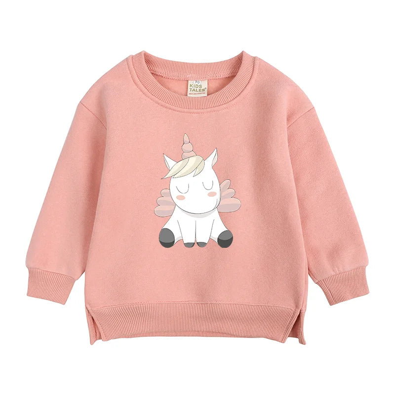 2024 Sweat-shirt polaire Licorne pour enfants, automne, 6 mois-7 ans, col rond, dessin animé, vêtements pour adolescents, garçons et filles, tenues de sport décontractées, costume