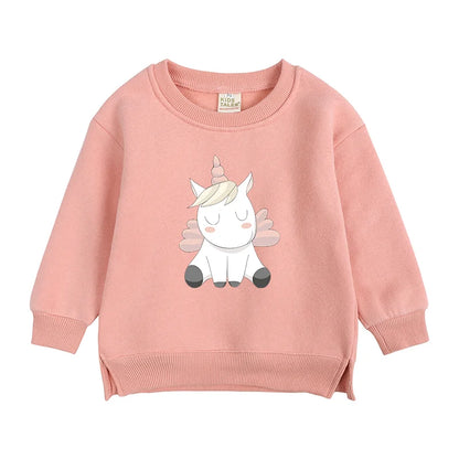 2024 Sweat-shirt polaire Licorne pour enfants, automne, 6 mois-7 ans, col rond, dessin animé, vêtements pour adolescents, garçons et filles, tenues de sport décontractées, costume