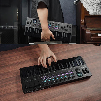 Clavier MIDI M-VAVE All Black PRO 37 touches, 16 tampons RGB, 4 faders, 8 encodeurs, moteur de synthétiseur FM DX-7 intégré, 5 couleurs en option