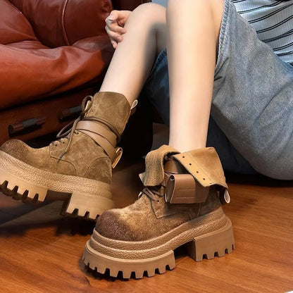Bottes de Cowboy à grande tête en détresse, mode rétro, bottes de chevalier montantes de Style moto haut de gamme, bottes à semelles épaisses pour filles et femmes