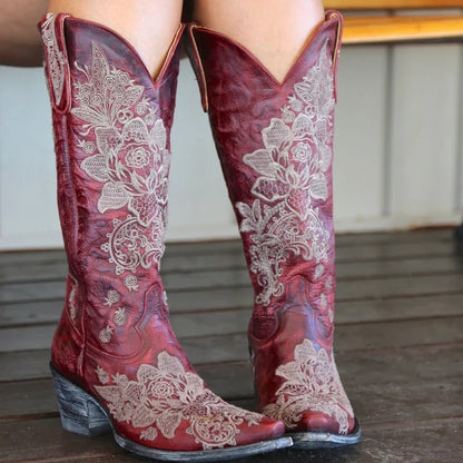 Western Style Women's Pointed Large Embroidered Rose High Heels Vintage Old Women's Boots High Barrel Western Boots