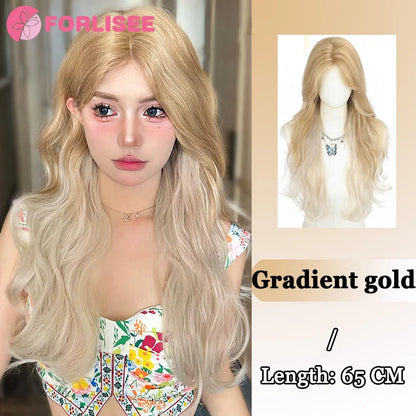 Pink Blonde Highlights Long Wavy Wig Synthetic Colorful Lolita Cosplay Hair Wigs with Bangs for Women Heat Resistant Daily Use