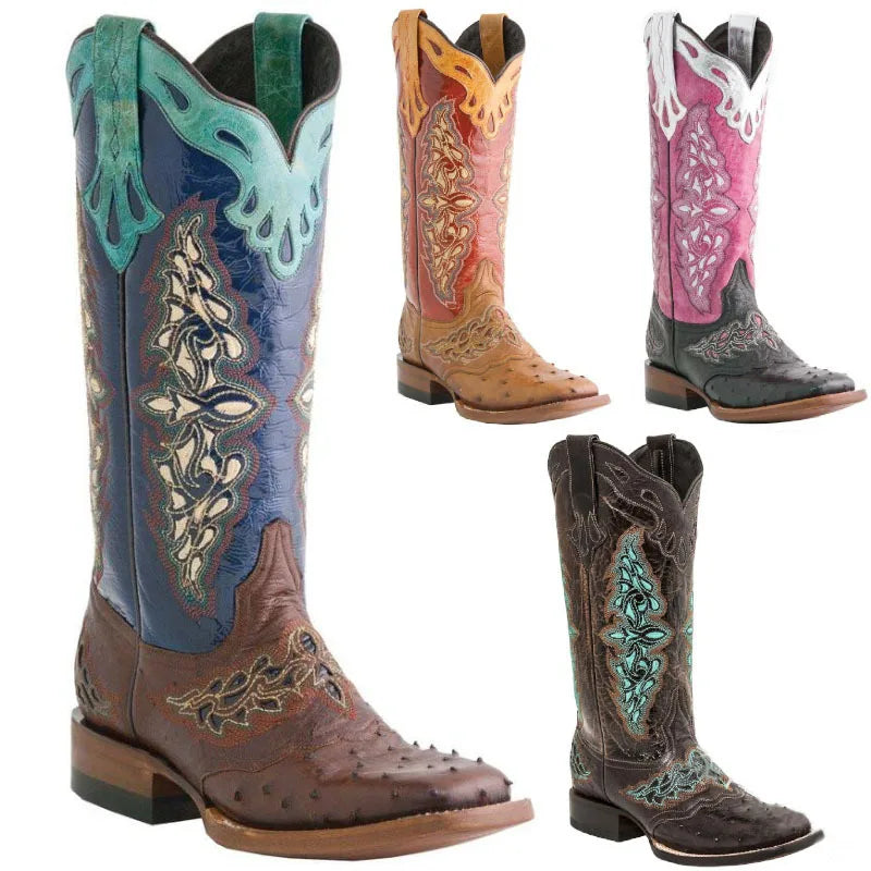 Autumn and Winter Women's Square Toe Thick Heel Colorful Patterned Knight Boots Embroidered Color-Blocked No Slip Women Boots