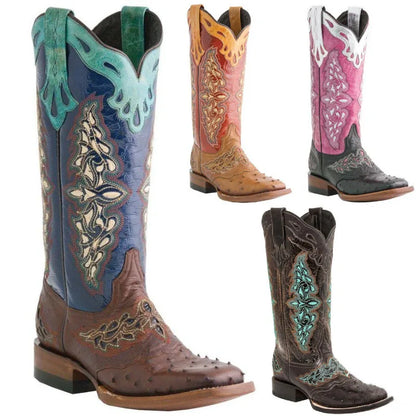 Autumn and Winter Women's Square Toe Thick Heel Colorful Patterned Knight Boots Embroidered Color-Blocked No Slip Women Boots
