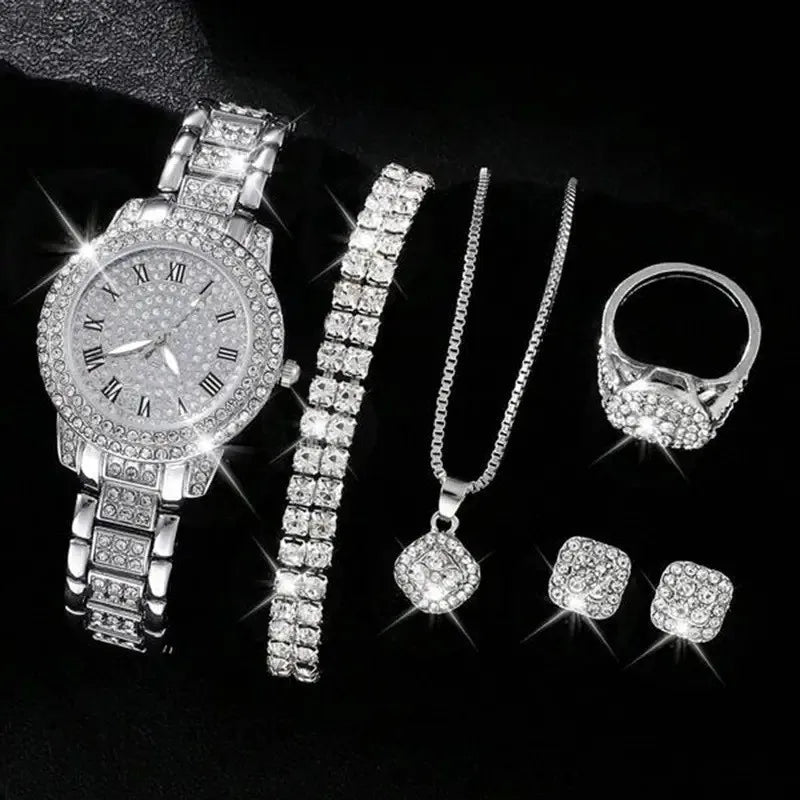 Montre-bracelet à quartz décontractée pour femmes, ensemble de 6 pièces, cadran romain, design de marque de luxe, montre pour femmes