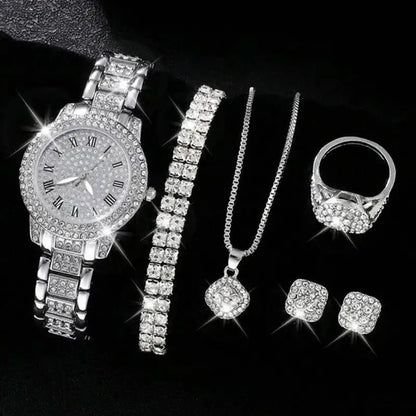 Montre-bracelet à quartz décontractée pour femmes, ensemble de 6 pièces, cadran romain, design de marque de luxe, montre pour femmes