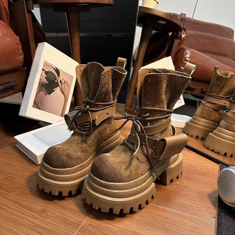 Bottes de Cowboy à grande tête en détresse, mode rétro, bottes de chevalier montantes de Style moto haut de gamme, bottes à semelles épaisses pour filles et femmes