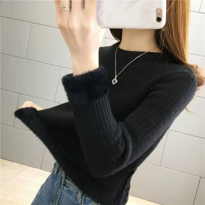 Turtleneck Winter Sweater Women Elegant Thicken Velvet Lined Warm Sueter Fleece Knitted Pullover Slim Top Jersey Knitwear Jumper