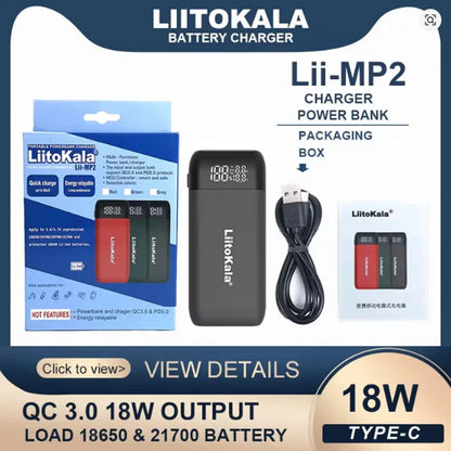 LiitoKala Lii-MP2 Portable Power Battery Charger LCD USB Type-C Input for 18700 20700 21700 18650 Batteries