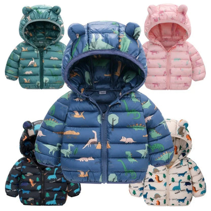 Enfants Garçons Bébé Vestes Légères à Capuche en Duvet Vêtements d'Extérieur Chauds Automne Enfants Filles Manteaux Imprimé Dinosaure Dessin Animé Vêtements Décontractés