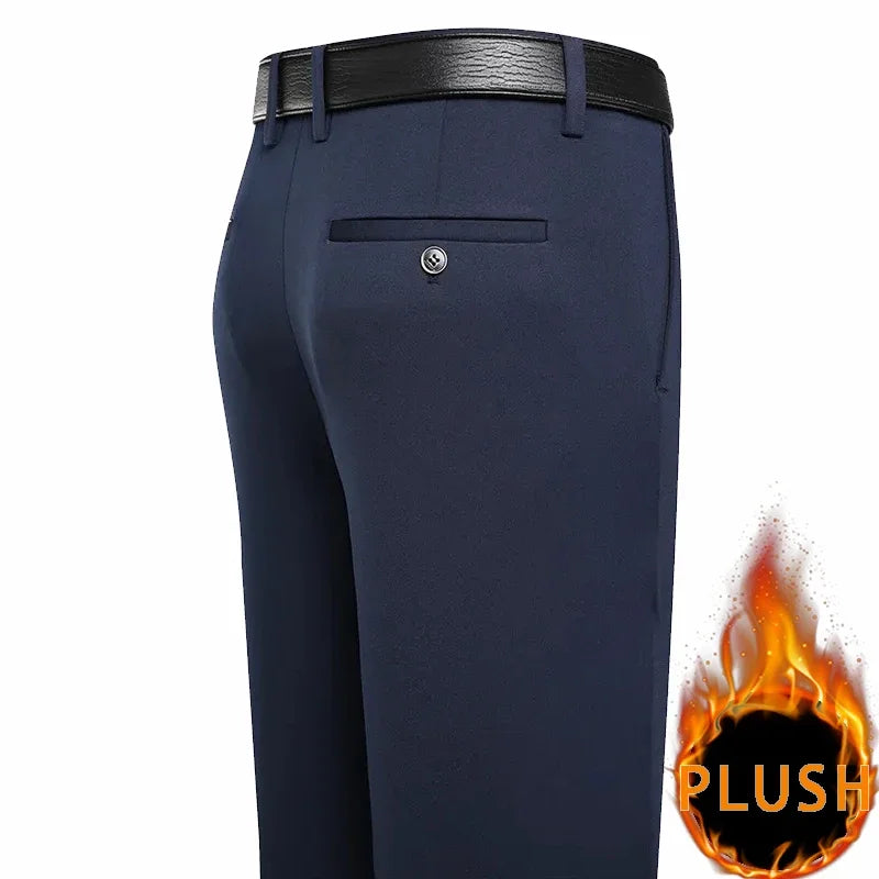 2024 Autumn Winter Men's Thick Warm Fleece Pants Plush Smart Casual Suit Pants Loose Straight Navy Blue Black Pants Trousers