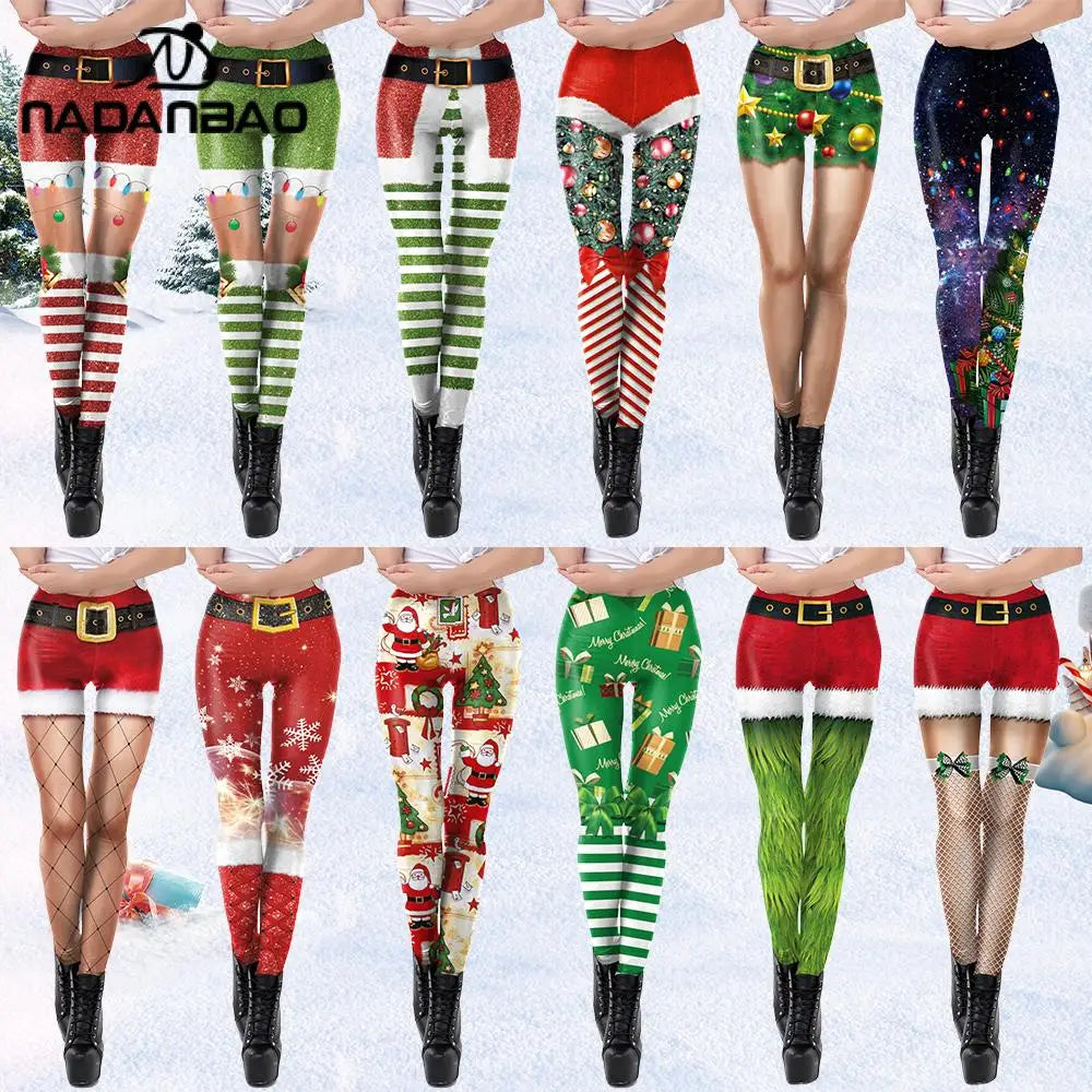 NADANBAO Merry Christmas Leggings for Woman Green White Stripe Pattern Pants Xmas Party Pants Girls Sexy Tights Fitness Workout