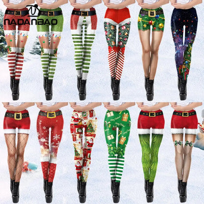 NADANBAO Merry Christmas Leggings for Woman Green White Stripe Pattern Pants Xmas Party Pants Girls Sexy Tights Fitness Workout