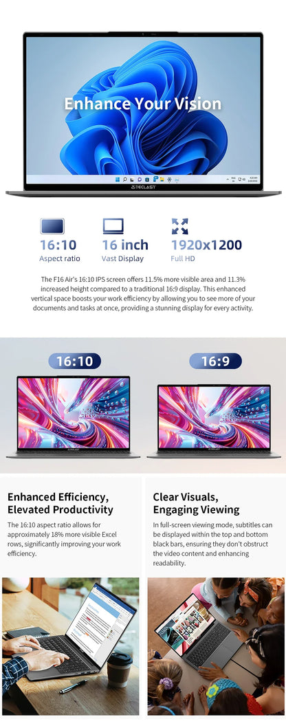 TECLAST F16 Air 16 inch laptop, Flip 180 degree, 16GB + 512GB, for Intel N95 CPU, Windows 11, mini HDMI, backlit keyboard
