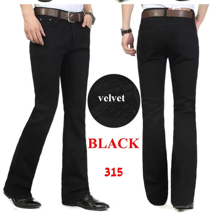 Men's Flared Jeans For Winter Thick Mid High Waist Slim Bell-bottoms Pants Elastic Fared Denim Trousers Size 26-40