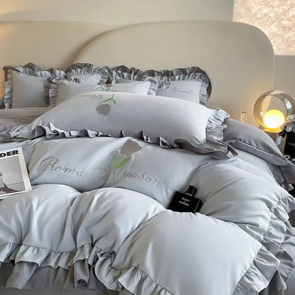 Elegance French Style Bedding Set Duvet Cover Set High Quality  2024 New Lace Princess Embroidery Double Layer Edge King Queen