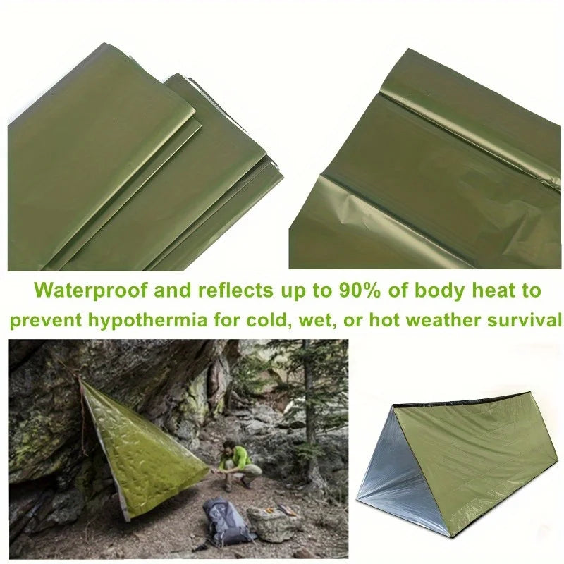 Tente d'urgence équipée d'une couverture isolante verte durable, résistante au froid et à la pluie, parfaite pour le camping et les activités de plein air