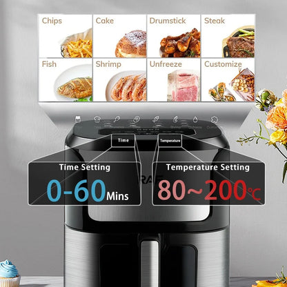 Friteuse à air chaud 5L, four électrique avec commandes tactiles, panier antiadhésif et hublot, idéal pour la cuisine et la famille.