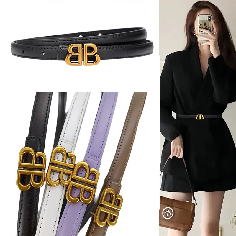 Women's genuine cowhide leather belt, luxury bb bucket, elegant design, denim belt, thin belt