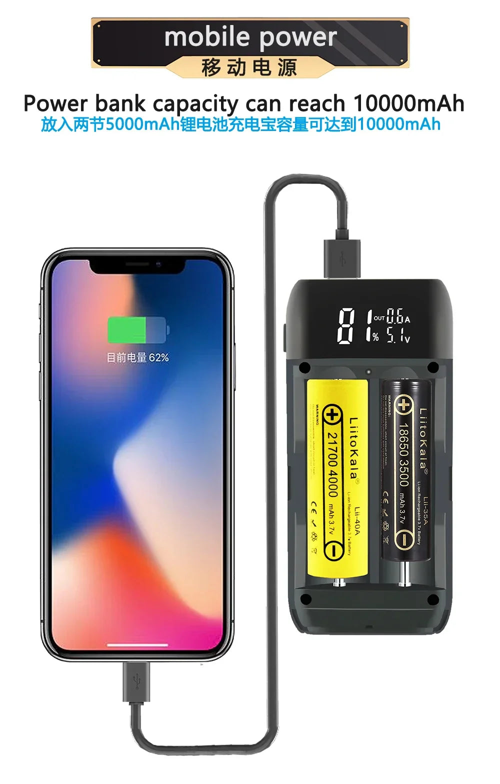 LiitoKala Lii-MP2 Portable Power Battery Charger LCD USB Type-C Input for 18700 20700 21700 18650 Batteries