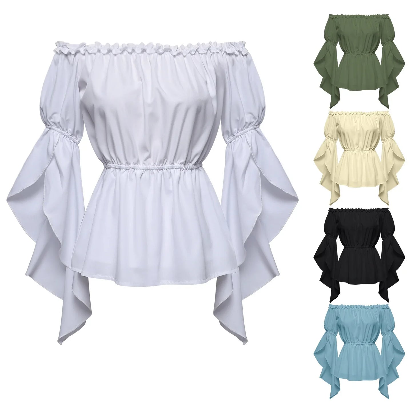 Women's Renaissance Ruffle Blouses, Ruched Sleeve Pleated Blouse, Off Shoulder Boat Neck Medieval Shirt, Victorian Shirt