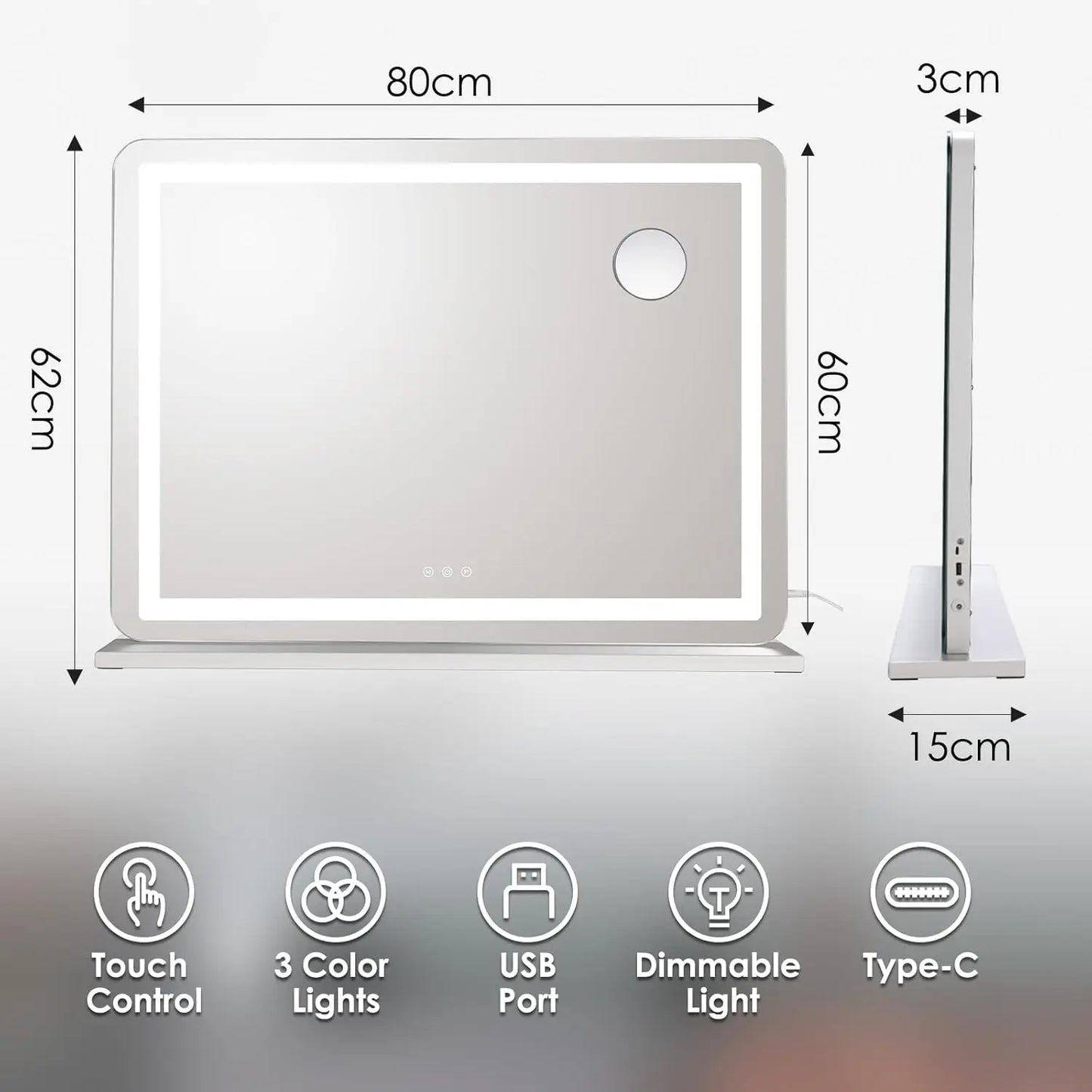 Miroir de maquillage avec éclairage LED 80x60 cm, grand miroir de la Confédération avec USB et type C, loupe 10x, indicateur de température 3 couleurs
