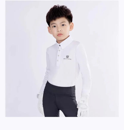 Baslong Vêtements d'équitation pour enfants T-shirt haut à manches longues Protection solaire respirant Polo Filles Compétition d'équitation Vêtements de chevalier