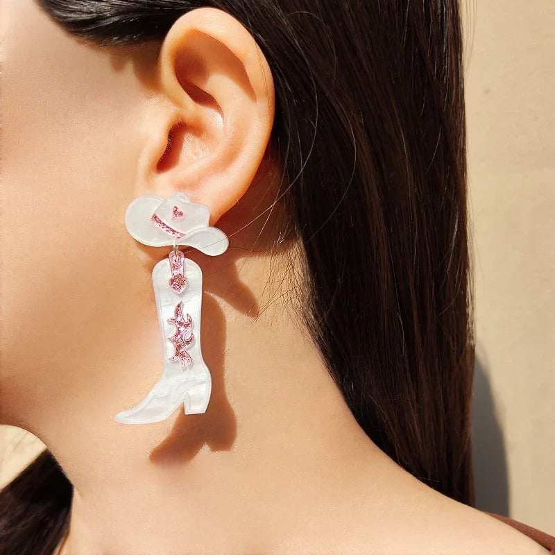 KUGUYS nouveau Cowgirl boucles d'oreilles pour femmes bijoux de mode mignon Cool Cowboy chapeau bottes boucles d'oreilles à la mode acrylique accessoire cadeau