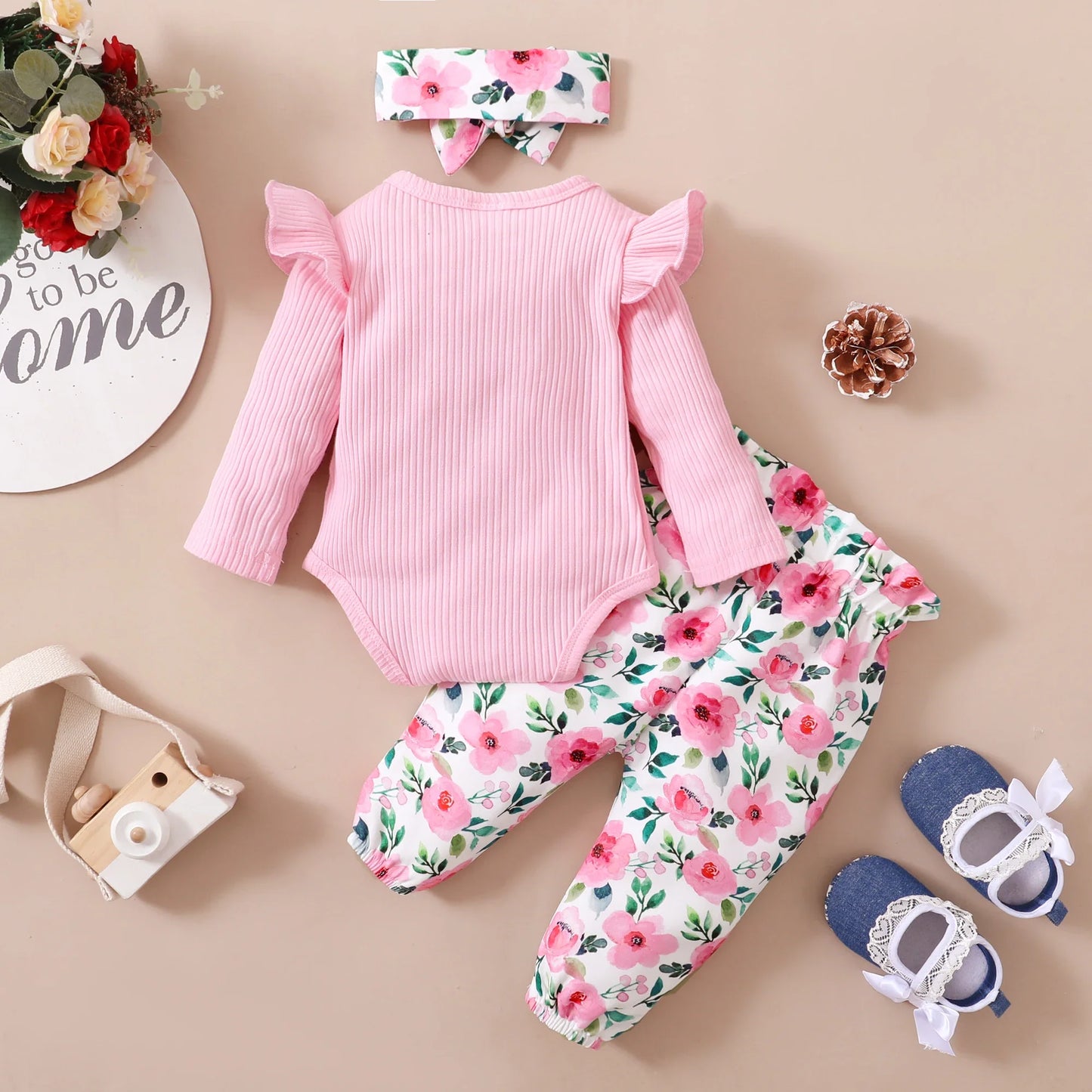 Ensemble de vêtements rose pour bébé fille 0-18 mois, tenue printemps et automne, body manches longues + pantalon floral + bandeau, 3 pièces, tenues de mode pour tout-petits