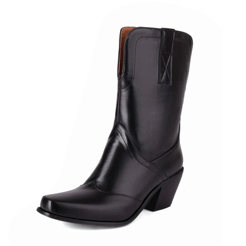 Bottes western rétro noires mi-mollet pour femme à talons épais gothiques, grandes tailles 34-48 777-11