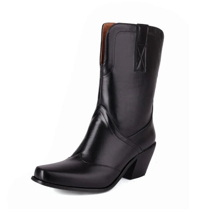 Bottes western rétro noires mi-mollet pour femme à talons épais gothiques, grandes tailles 34-48 777-11