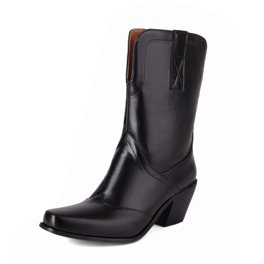 Bottes western rétro noires mi-mollet pour femme à talons épais gothiques, grandes tailles 34-48 777-11