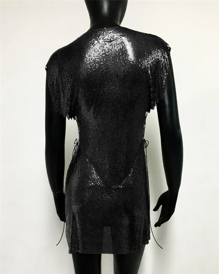 Glitter Metal Sequins Mini Dress Women Sexy Round Neck Sleeveless Side Split Bandage Dress Rave Festival Nightclub Evening Dress
