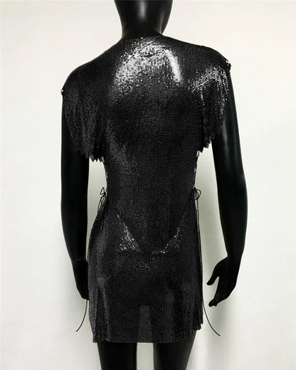 Glitter Metal Sequins Mini Dress Women Sexy Round Neck Sleeveless Side Split Bandage Dress Rave Festival Nightclub Evening Dress