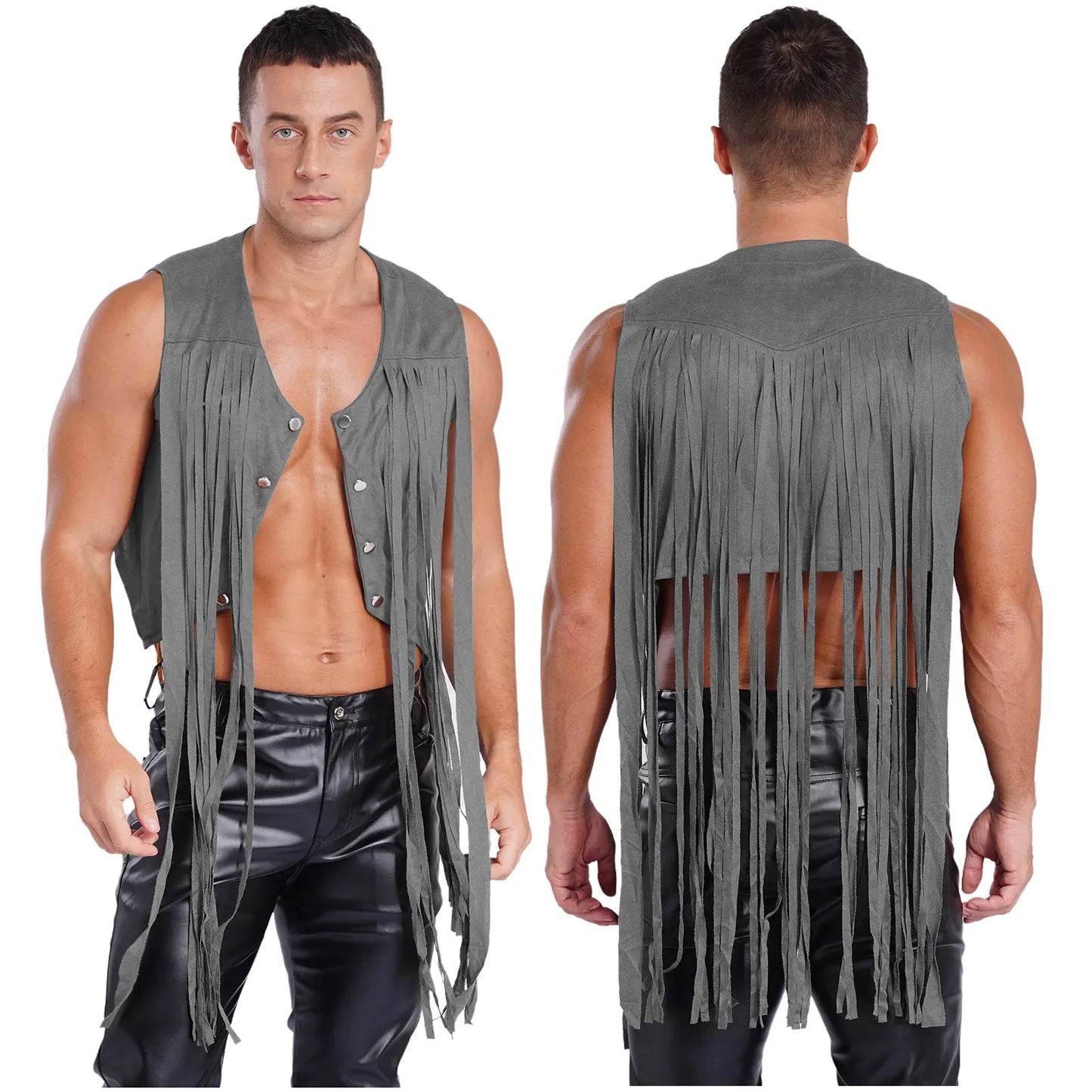 Gilet de costume de cosplay cow-boy occidental pour hommes, gilet hippie disco années 60, en faux daim, avec pompons, cardigan pour fête costumée d'Halloween ou de carnaval