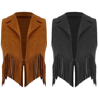 Gilet de Cowboy occidental pour enfants, garçons et filles, Costume de Cosplay d'halloween, pompon en daim, manteau ouvert sur le devant, hauts