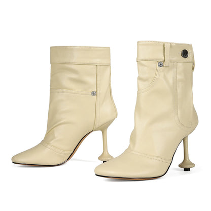 European and American Alien and Square Head Splicing Design Water Washed Cowboy Boots for Women's Trendy Side Zipper Short Boots
