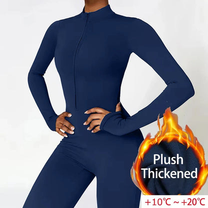 Combinaisons de sport chaudes en peluche pour femmes, survêtement une pièce, Fitness, ensembles de gymnastique d'hiver, manches longues, body d'exercice noir pour femme