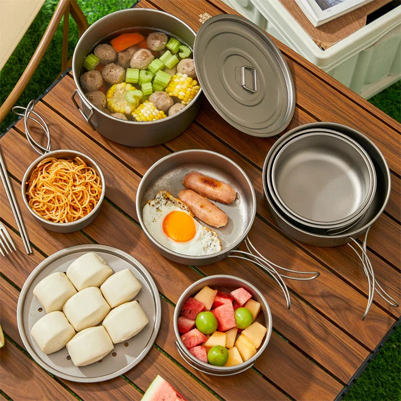 Vaisselle de Camping en plein air, ensemble d'ustensiles de cuisine en titane, marmite, poêle à frire avec poignées pliables, pique-nique cuisine randonnée Trekking