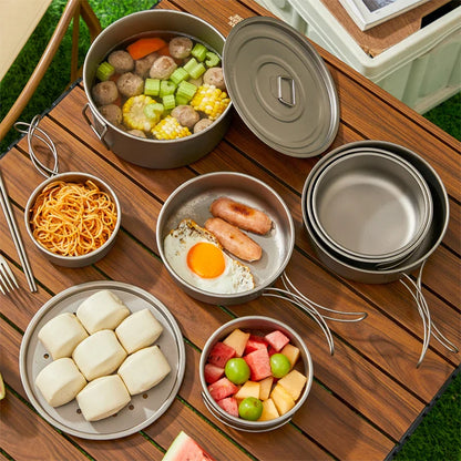 Vaisselle de Camping en plein air, ensemble d'ustensiles de cuisine en titane, marmite, poêle à frire avec poignées pliables, pique-nique cuisine randonnée Trekking