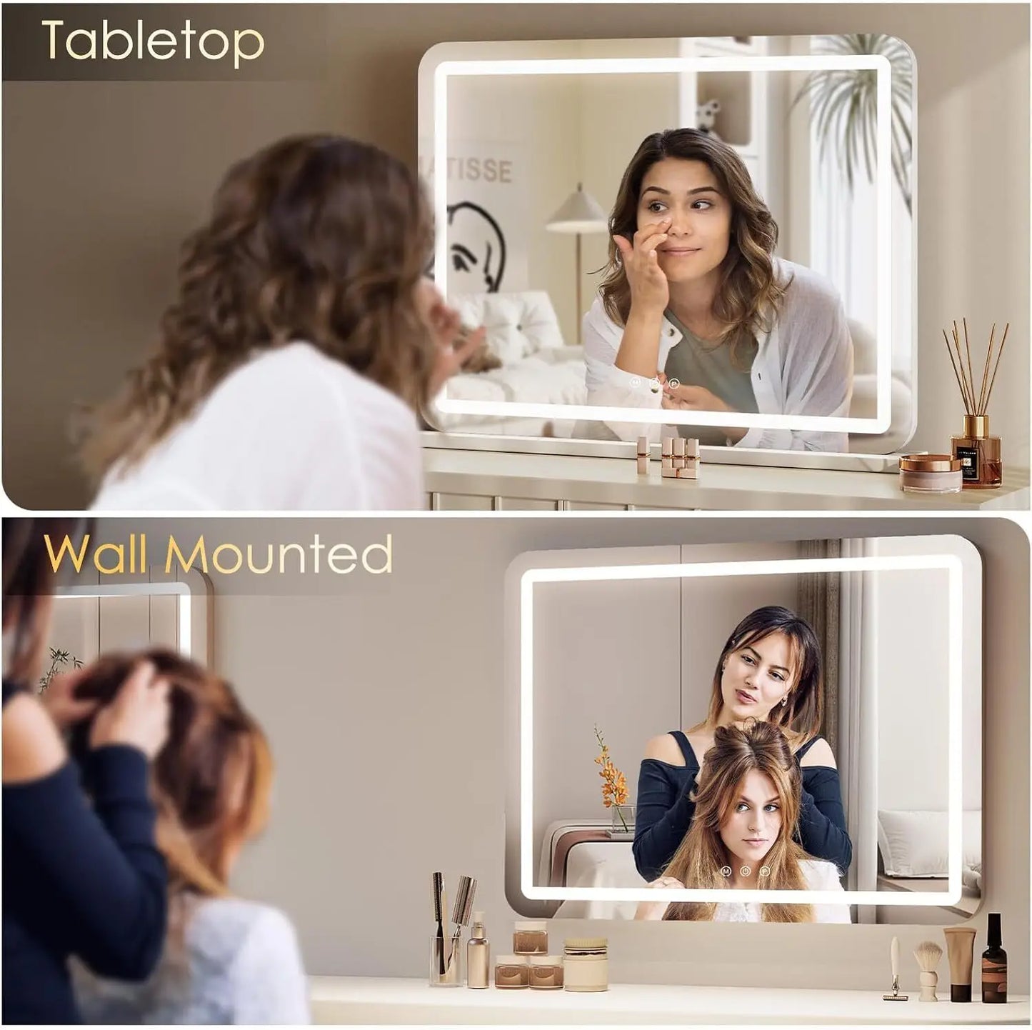 Miroir de maquillage avec éclairage LED 80x60 cm, grand miroir de la Confédération avec USB et type C, loupe 10x, indicateur de température 3 couleurs